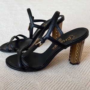 CHANEL Black Open Toe Heel With Gold